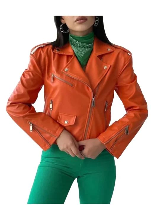 womens-orange-faux-leather-biker-jacket
