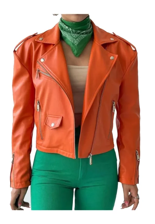 womens-orange-faux-leather-biker-jacket