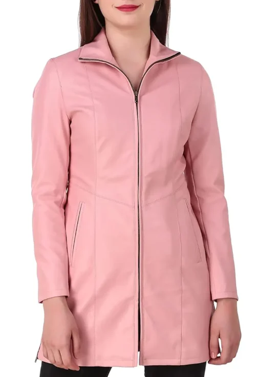 womens-pink-faux-leather-long-jacket