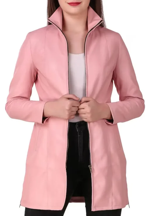 womens-pink-faux-leather-long-jacket