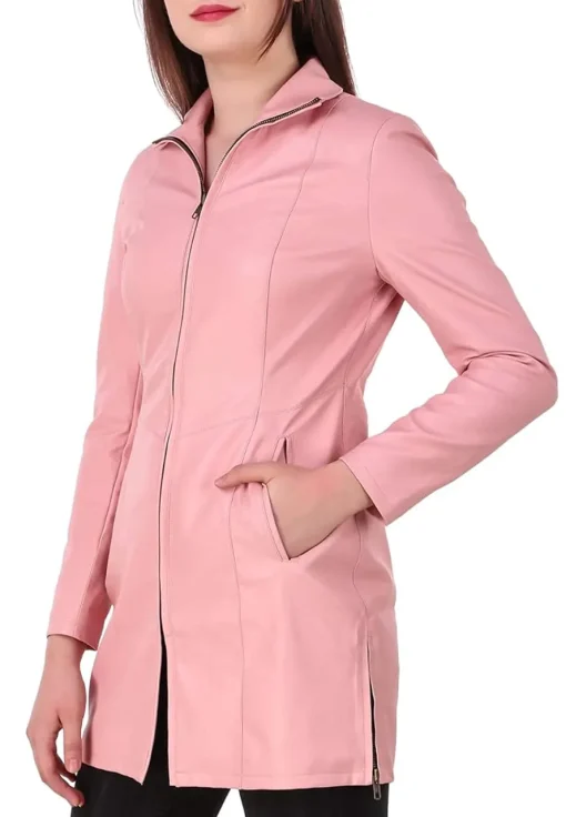 womens-pink-faux-leather-long-jacket