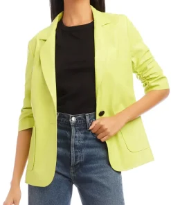 womens-ruched-sleeve-lime-faux-leather-blazer