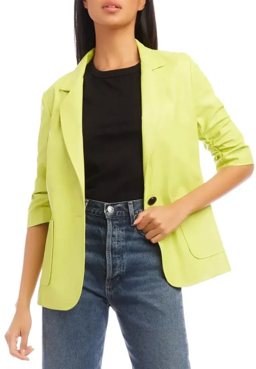 womens-ruched-sleeve-lime-faux-leather-blazer
