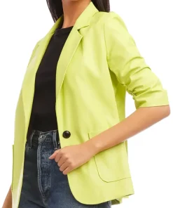 womens-ruched-sleeve-lime-faux-leather-blazer