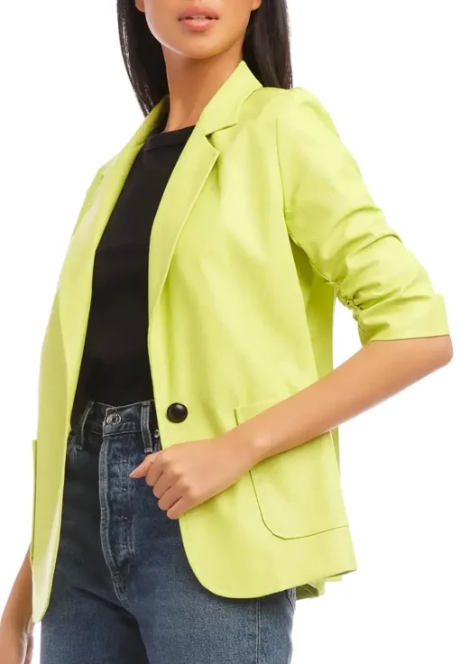 womens-ruched-sleeve-lime-faux-leather-blazer