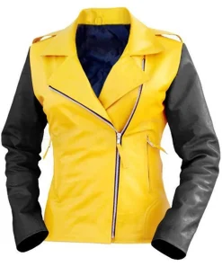 womens-yellow-faux-leather-jacket-with-black-sleeves