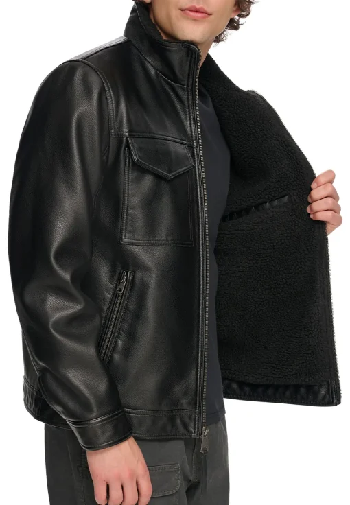 mens-black-faux-leather-shearling-jacket
