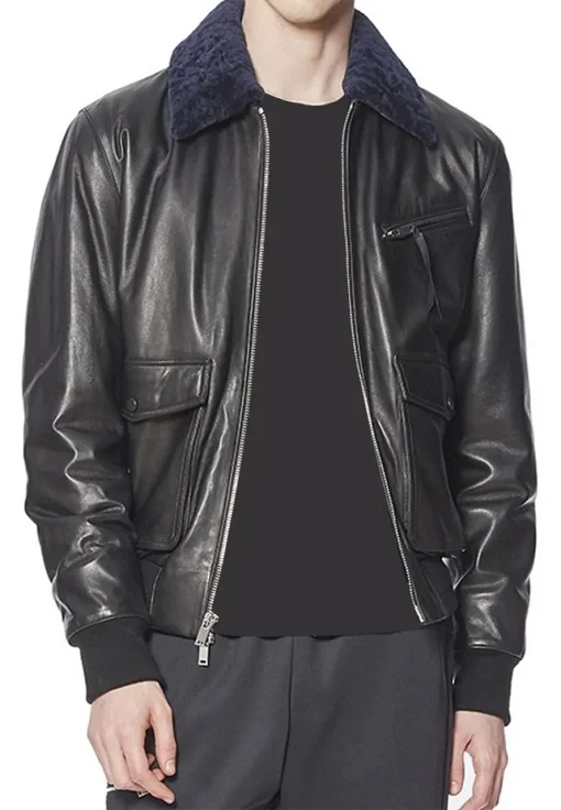 mens-black-faux-leather-jacket-with-blue-fur-collar