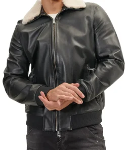 mens-black-faux-leather-shearling-collar-bomber-jacket