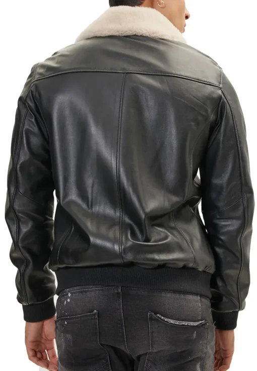 mens-black-faux-leather-shearling-collar-bomber-jacket