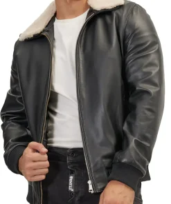 mens-black-faux-leather-shearling-collar-bomber-jacket