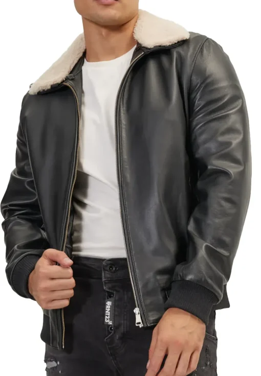 mens-black-faux-leather-shearling-collar-bomber-jacket