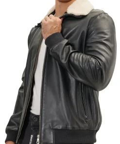 mens-black-faux-leather-shearling-collar-bomber-jacket