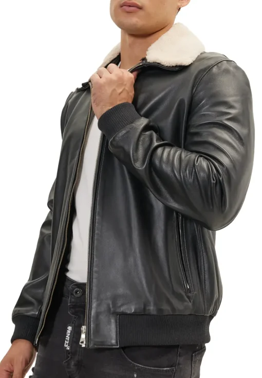 mens-black-faux-leather-shearling-collar-bomber-jacket