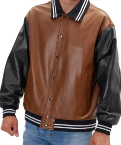 Men's Brown and Black Faux Leather Varsity Bomber Jacket