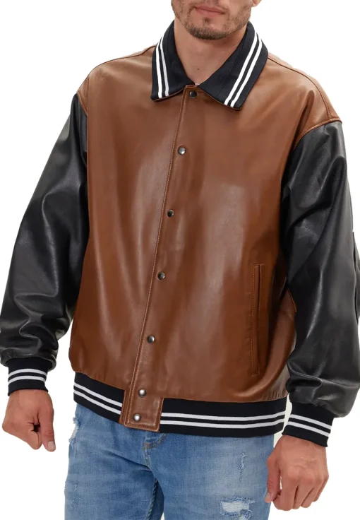 Men's Brown and Black Faux Leather Varsity Bomber Jacket