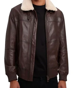 mens-brown-faux-leather-shearling-collar-bomber-jacket