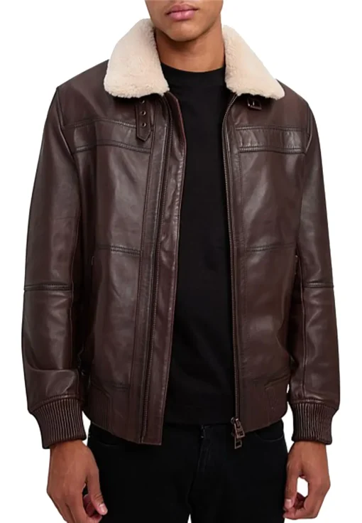 mens-brown-faux-leather-shearling-collar-bomber-jacket