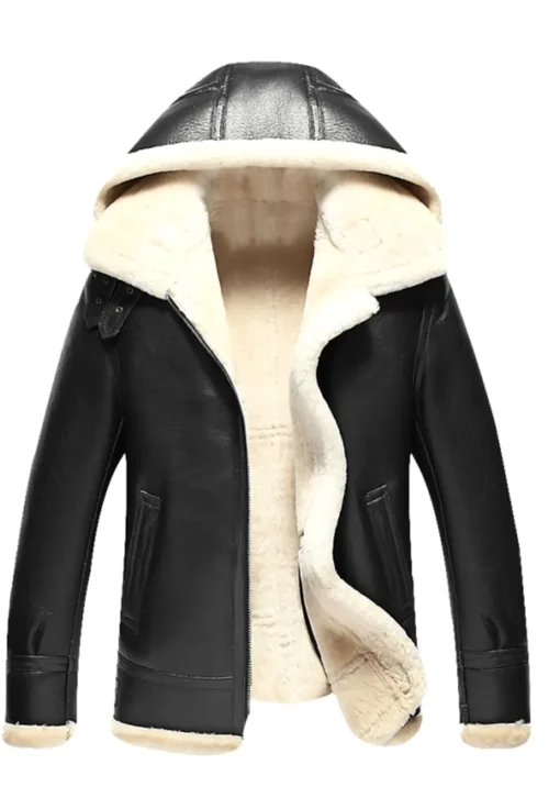 mens-hooded-black-faux-leather-shearling-jacket