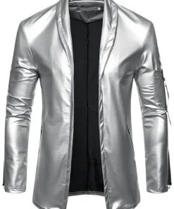 Men's Shawl Collar Silver Faux Leather Jacket