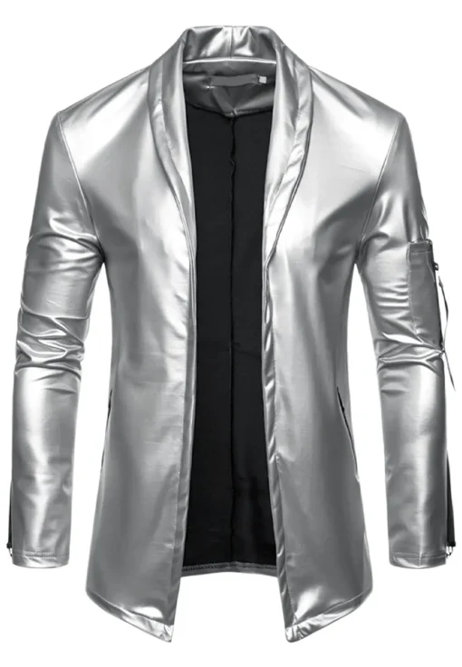 Men's Shawl Collar Silver Faux Leather Jacket