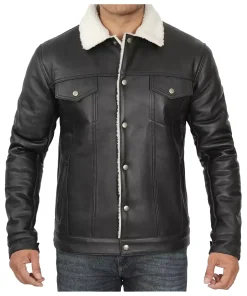 mens-sherpa-lined-black-faux-leather-trucker-jacket