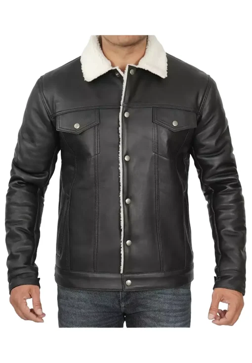 mens-sherpa-lined-black-faux-leather-trucker-jacket