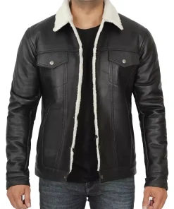mens-sherpa-lined-black-faux-leather-trucker-jacket