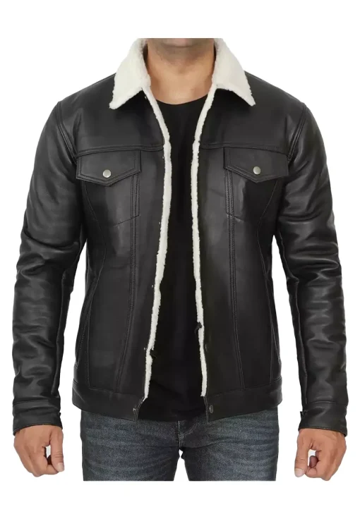 mens-sherpa-lined-black-faux-leather-trucker-jacket