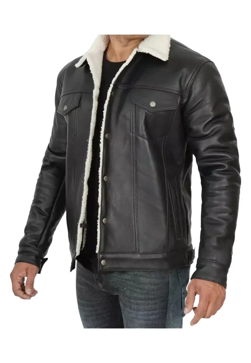 mens-sherpa-lined-black-faux-leather-trucker-jacket