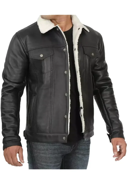 mens-sherpa-lined-black-faux-leather-trucker-jacket