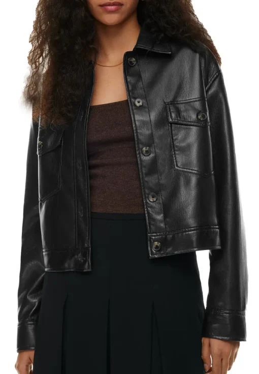 womens-black-faux-leather-shirt-jacket
