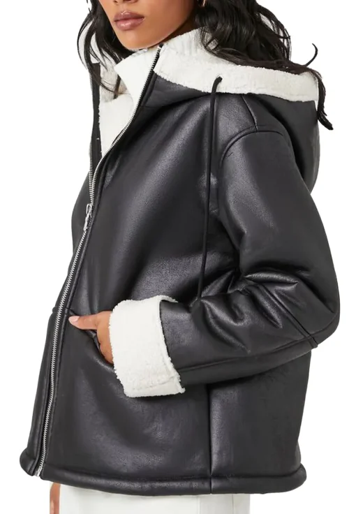 womens-black-faux-leather-white-shearling-jacket-with-hood