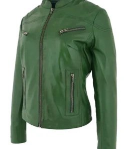 womens-casual-zip-up-green-faux-leather-biker-jacket