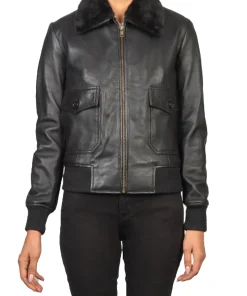 womens-black-faux-leather-fur-collar-bomber-jacket