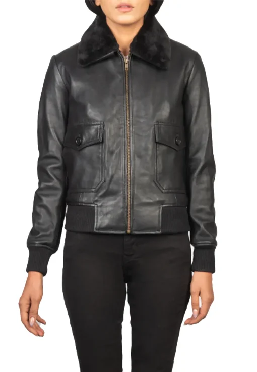 womens-black-faux-leather-fur-collar-bomber-jacket