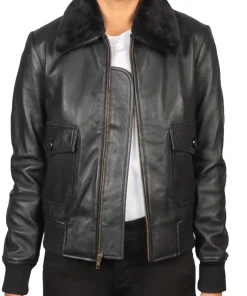 womens-black-faux-leather-fur-collar-bomber-jacket