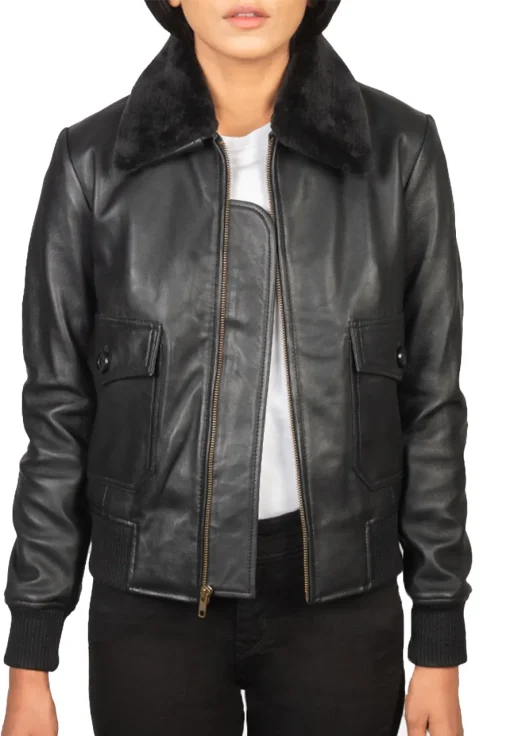 womens-black-faux-leather-fur-collar-bomber-jacket
