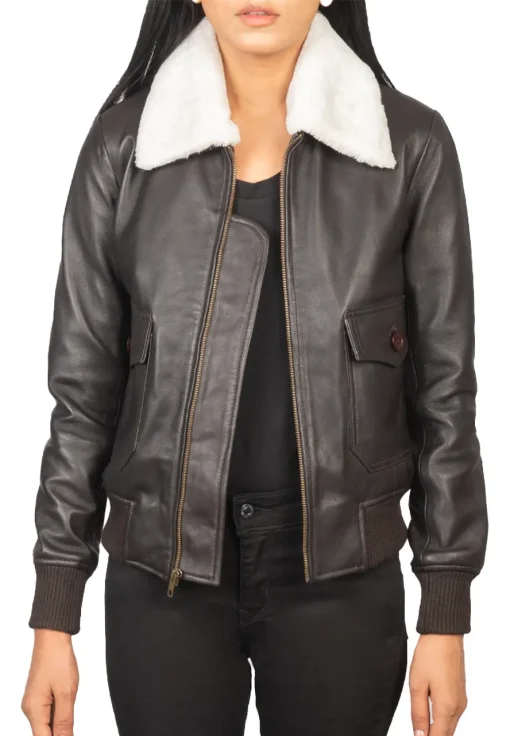 womens-fur-collar-brown-faux-leather-bomber-jacket
