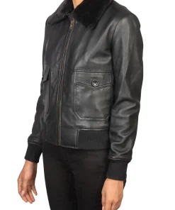 womens-black-faux-leather-fur-collar-bomber-jacket