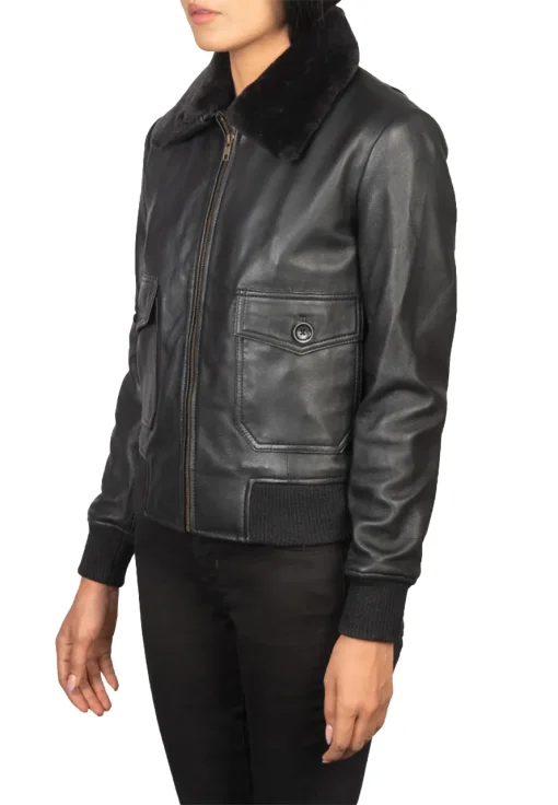 womens-black-faux-leather-fur-collar-bomber-jacket