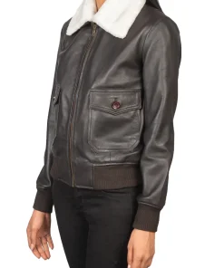 womens-fur-collar-brown-faux-leather-bomber-jacket