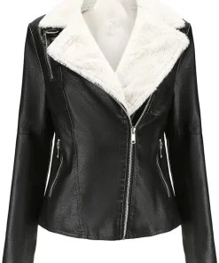 womens-lapel-collar-black-faux-leather-shearling-biker-jacket