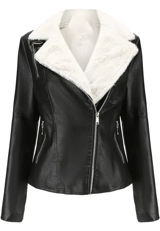 womens-lapel-collar-black-faux-leather-shearling-biker-jacket