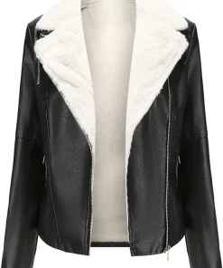 womens-lapel-collar-black-faux-leather-shearling-biker-jacket