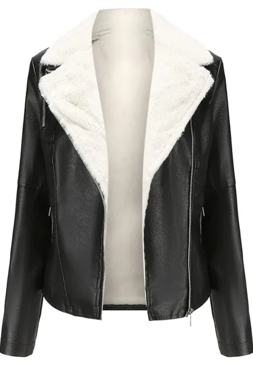 womens-lapel-collar-black-faux-leather-shearling-biker-jacket