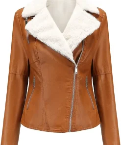 womens-lapel-collar-brown-faux-leather-shearling-biker-jacket