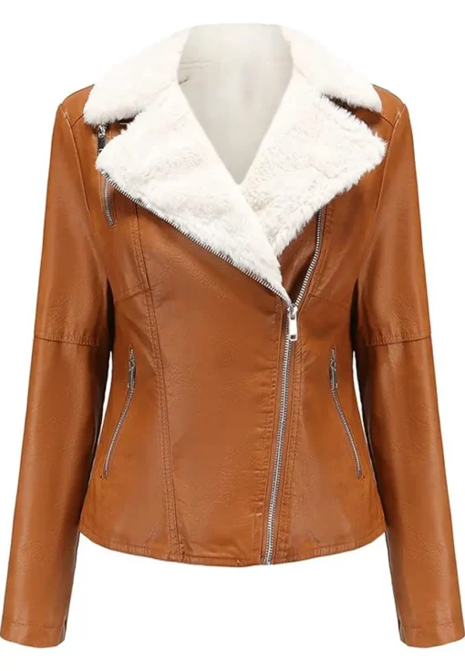 womens-lapel-collar-brown-faux-leather-shearling-biker-jacket
