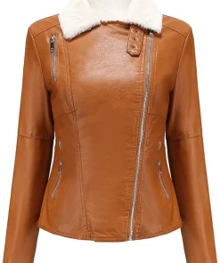 womens-lapel-collar-brown-faux-leather-shearling-biker-jacket