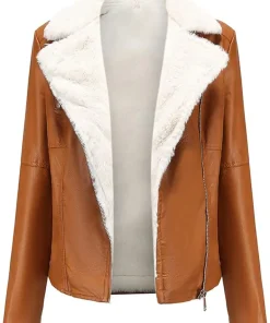 womens-lapel-collar-brown-faux-leather-shearling-biker-jacket